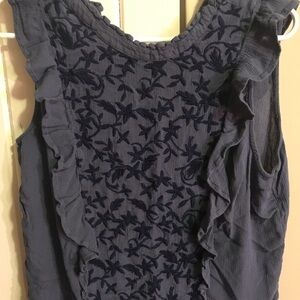 Blue sleeveless top.